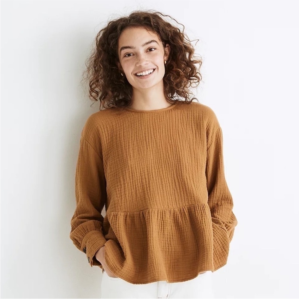 NWT Madewell Compass Gold Lightspun Button‎ Back Peplum Top Size S